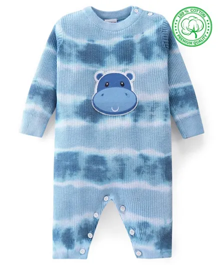 Babyhug Cotton Full Sleeves Romper With Hippo Embroidery - Blue