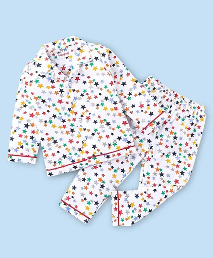 Babyhug Cotton Knit Full Sleeves Nightsuit with Stars Print - White