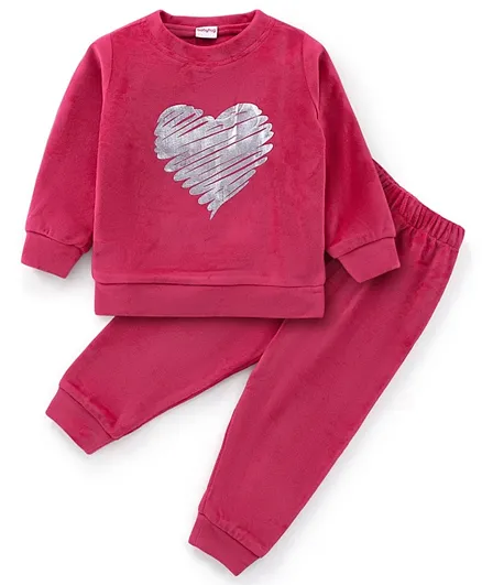Babyhug Velour Knit Full Sleeves Winter Wear Night Suit with Heart Print - Pink