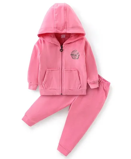 Babyhug Velour Knit Hooded Full Sleeves Winter Wear/Co-ord Set With Cup Cake Print - Pink