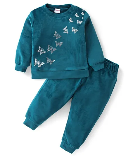 Babyhug Velour Knit Full Sleeves Winter Wear Sweatshirt & Lounge Pants/Co-ord Set with Butterfly Print - Teal
