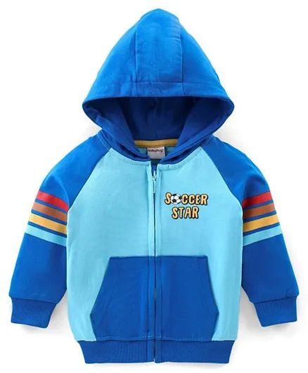 Babyhug Cotton Full Sleeves Front Open Sweatjacket with Zipper & Hood Soccer Star Printed - Blue
