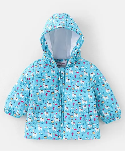 Babyhug Full Sleeves Hooded & Padded Jacket Llama Print- Blue