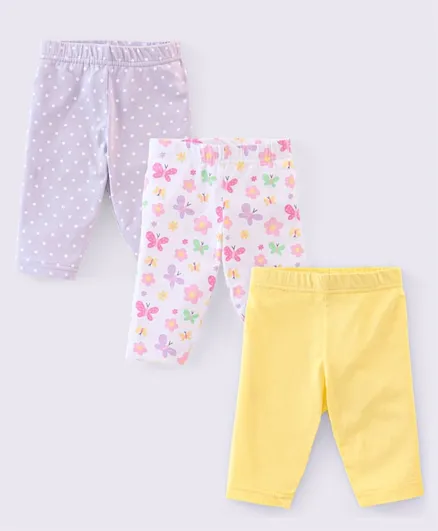Babyhug Cotton Three Fourth Lycra Leggings Dot & Butterfly Print Pack of 3- Purple White & Yellow