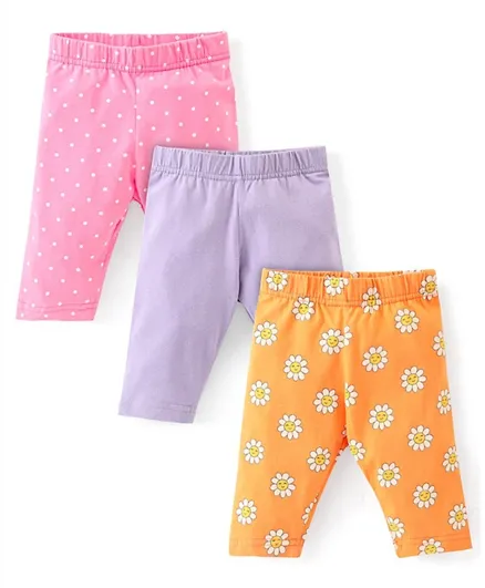 Babyhug Single Jersey Three Fourth Length Leggings Solid & Floral Print Pack Of 3 - Pink Orange & Purple
