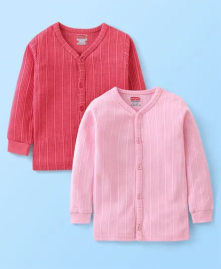 بيبي هاغ ملابس حرارية بأكمام طويلة من القطن بتصميم مخطط - عبوة من قطعتين باللونين الوردي والكورال.