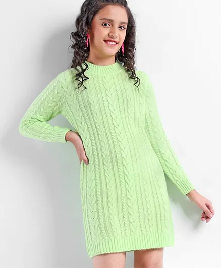 باين كيدز فستان صوفي بأكمام طويلة مضلع ومنسوج - أخضر فاتح