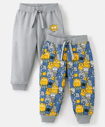 Bonfino 100% Cotton Knit Ankle Length Track Pant Solid & Monster Print Pack of 2 - Grey & Blue