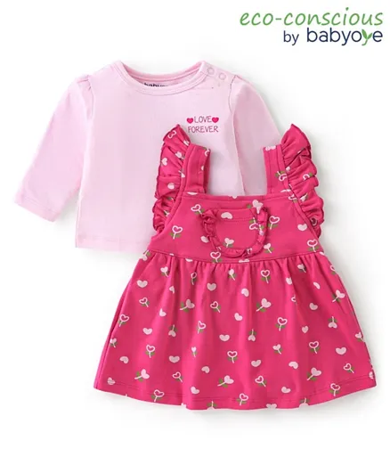 Babyoye 100% Cotton Eco Conscious Frock With Full Sleeves Inner Tee Floral Print- Pink