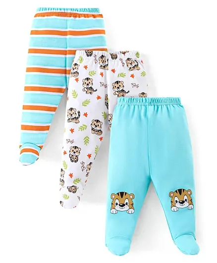 Babyhug Cotton Booties Pant Striped & Tiger Print Pack of 3 - Blue & White