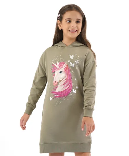 Primo Gino 100% Cotton Knit Full Sleeves Hooded Winter Frock with Unicorn Print - Green