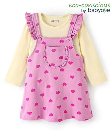 Babyoye Eco Conscious 100% Cotton Heart Printed Frock with Full Sleeves Solid Colour Inner Tee - Yellow & Pink
