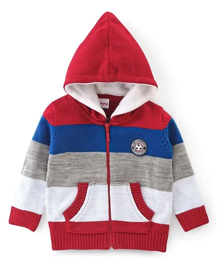 Babyhug Acrylic Full Sleeves Striped Hooded Sweater- Blue & Red