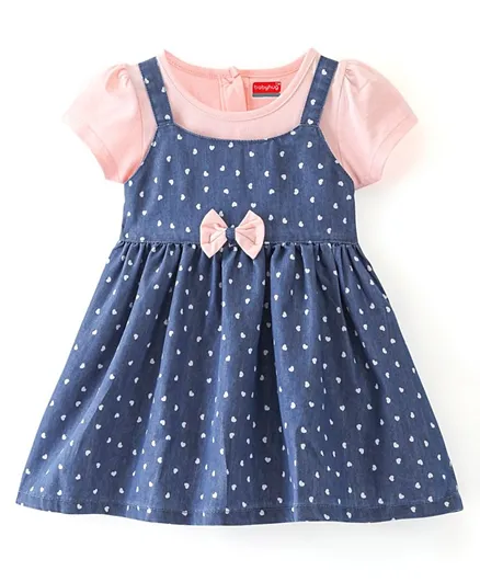Babyhug Cotton Knit Frock & Half Sleeves Inner Tee With Heart Print - Pink & Blue