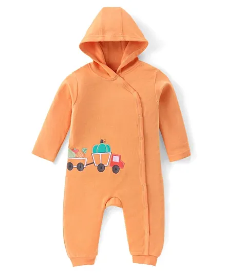Babyoye 100% Cotton With Eco Jiva Finish Full Sleeves Hooded Romper Truck Embroidery - Orange