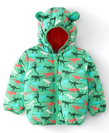 Babyhug Woven Full Sleeves Hoodie & Dino Print - Green