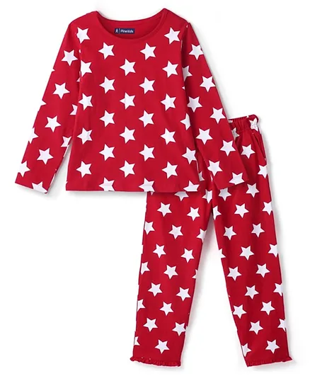 باين كيدز بدلة نوم كاملة الأكمام من القطن مطبوعة بنجوم - أحمر غامق