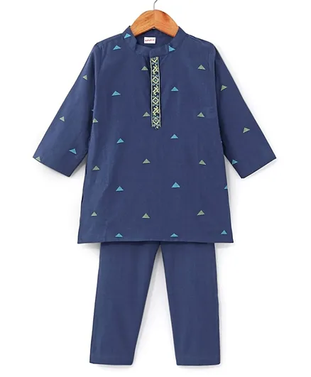 بيبي هاغ طقم قميص دوبي كم كامل وبيجامة قطن هاندلوم مع تفاصيل مثلثات - أزرق بحري