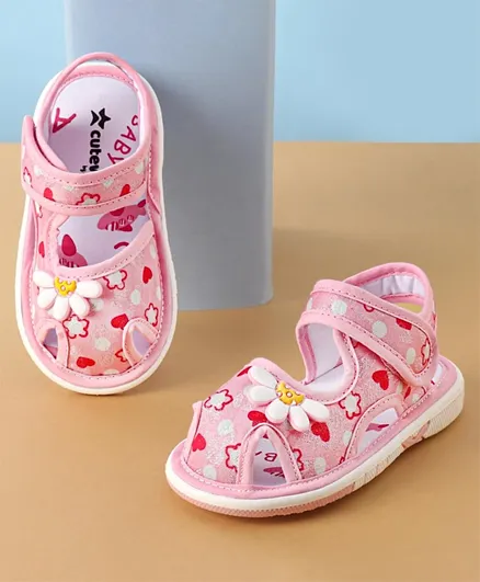Cute Walk by Babyhug Sandals with Velcro Closure Floral Print with Applique - Pink