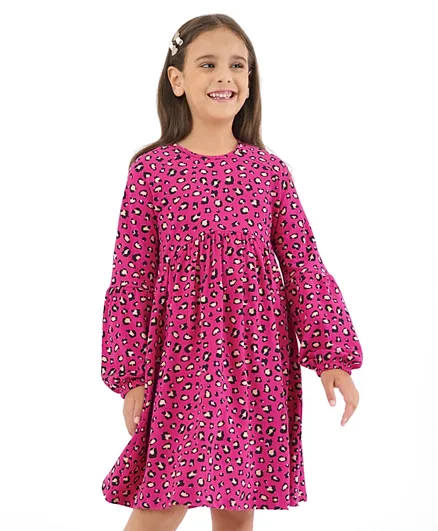 Primo Gino Cotton Elastane Full Sleeves Dress with Leopard Print - Pink