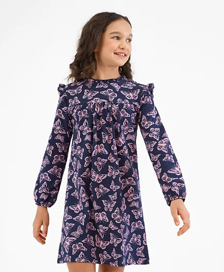 Primo Gino Cotton Elastane Full Sleeves Dress with Butterflies Print - Navy Blue