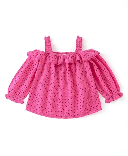 Babyhug 100% Cotton Schiffli Threefourth Sleeves Off-Shoulder Top With Frill & Pom-Pom Lace Detailing - Pink
