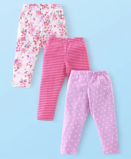 Babyhug Cotton Lycra Knit Full Length Leggings Floral Print Pack of 3 - Pink & White