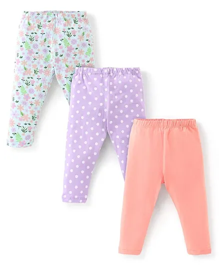 Babyhug 3 pack Cotton Lycra Knit Full Length Leggings with Stretch & Floral & Polka Dots Printed - Pink Blue & Purple