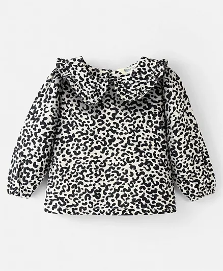 بونفينو قميص بأكمام طويلة من القطن الفسكوزي بنقشة الفهد - أسود