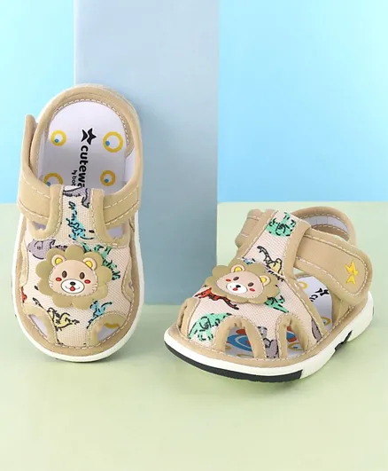 Cute Walk by Babyhug Slip On Musical Sandals with Velcro Closure & Teddy Applique - Khaki