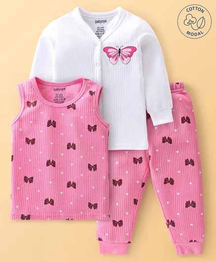 Babyoye Cotton Modal Knit Drop Needle Full Sleeves Thermal Vest & Pants Set Bow Design - Pink