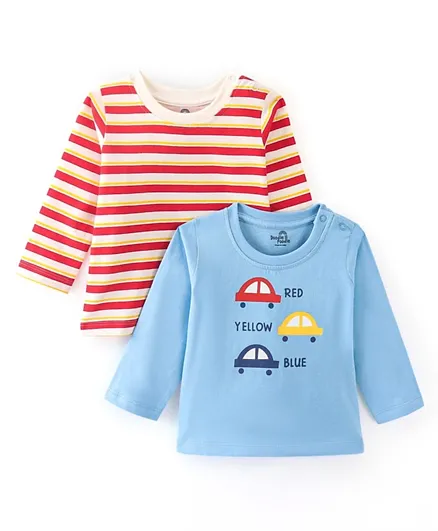 دودل بودل طقم 2 قميص بأكمام طويلة من القطن الخالص بنمط خطوط وطبعة سيارة - أزرق وأحمر