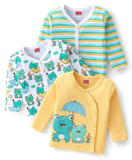 Babyhug Cotton Interlock Knit Full Sleeves Front Open Vests Striped & Frog Print Pack Of 3 - Green White & Yellow