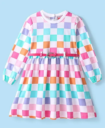 Babyhug 100% Cotton Full Sleeves Checked Light Weight Winter Dress with Belt - Multicolor