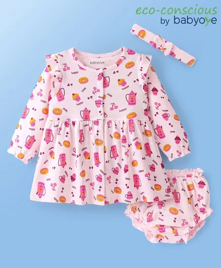 Babyoye Eco-Conscious 100% Cotton Knit Full Sleeves Doughnut Printed Frock with Bloomer & Headband - Pink