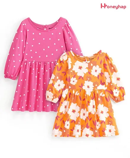 Honeyhap Premium Cotton Jersey With Bio Finish Full Sleeves Frocks Heart & Floral Print Pack Of 2 - Multi Color
