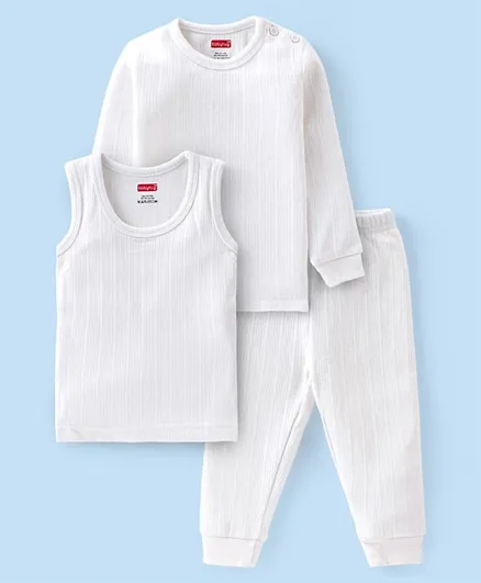 Babyhug Cotton Full Sleeves Solid Color Vest Pullover & Bottom Thermal Wear Combo Pack Of 3 -Off  White