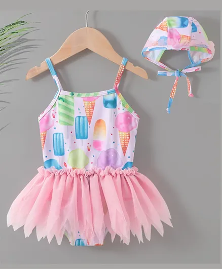 Babyhug Sleeveless Frock Swimsuit Ice Cream Print - Pink