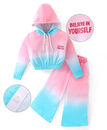 Ollington St. Cotton Full Sleeves Winter Wear Ombre Tie & Dye Hooded Sweatshirt with Chest Print & Track Pants/Co-ord Set - Blue & Pink