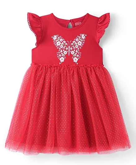 Babyhug Cotton Knit Frill Sleeves Frock with Mesh Detailing & Floral Butterfly Print - Red