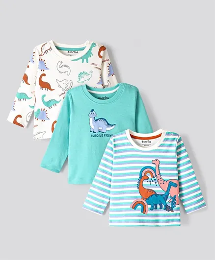 Bonfino 100% Cotton Full Sleeves T-Shirts Dino Print & Striped Pack of 3  - Mint & Off White