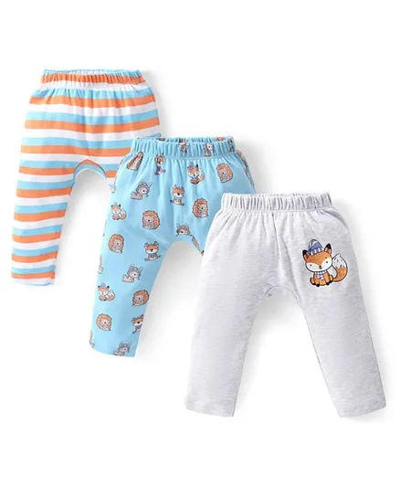 Babyhug Cotton Knit Full Length Striped & Fox Printed Diaper Pants Pack of 3 - Multicolor