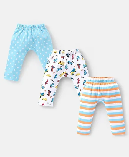 Babyhug Cotton Full Length Diaper Pants Striped & Vehicles Printed Pack of 3 - Blue & White