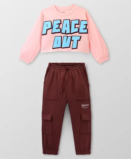 Ollington St 100% Cotton Knit Cropped Full Sleeves Top With Text Print and Joggers - Pink & Brown