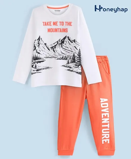 Honeyhap Premium 100% Cotton Graphic Full Sleeves T-Shirt & Pyjama Set - Orange & White