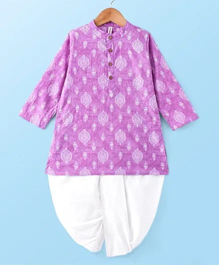 Babyhug 100% Cotton Knit Ethnic Printed Full Sleeves Kurta with Dhoti Set - Purple