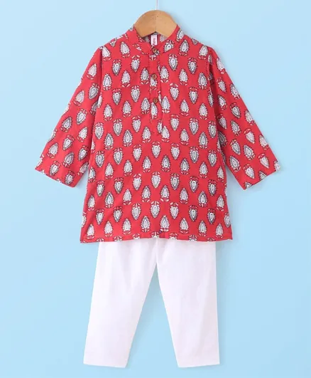 Babyhug 100% Cotton Woven Kurta Pyjama Set With Leaves Print - Red