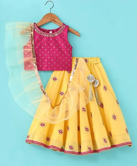 Babyhug Woven Sleeveless Choli & Lehenga Set with Dupatta & Floral Embroidery - Pink & Yellow