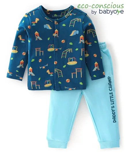 Babyoye 100% Cotton Full Sleeves T-Shirt And Lounge Pants With Outdoor Games Print - Blue