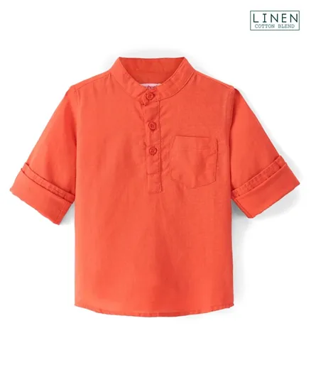 بيبي هاغ - قميص كورتا سادة بأكمام كاملة وياقة ماندرين من الكتان - برتقالي